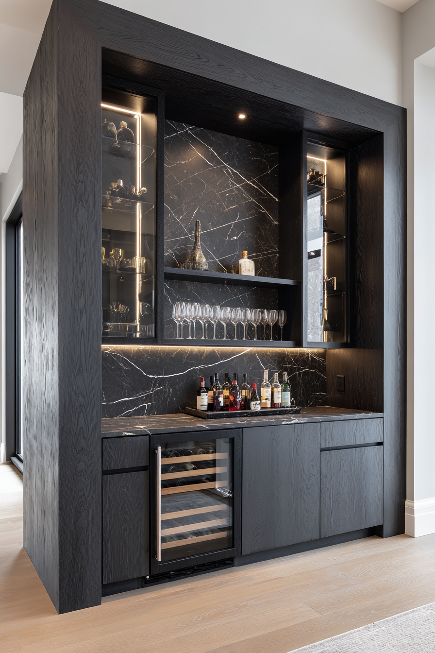 Architectural millwork built-in wet bar in a high-end Toronto residence