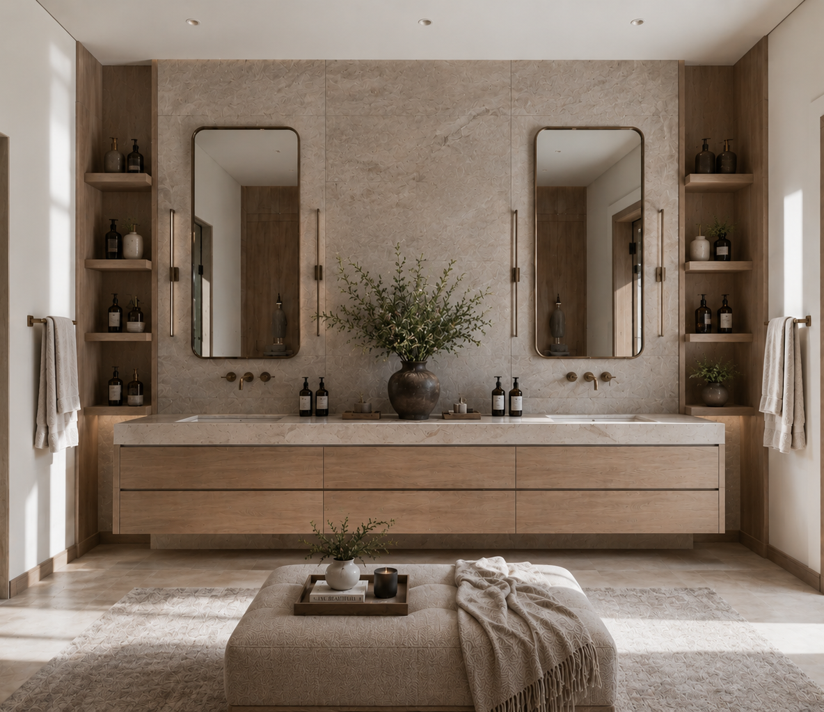 Custom vanity and bath millwork with stone countertop in a luxury Ontario home