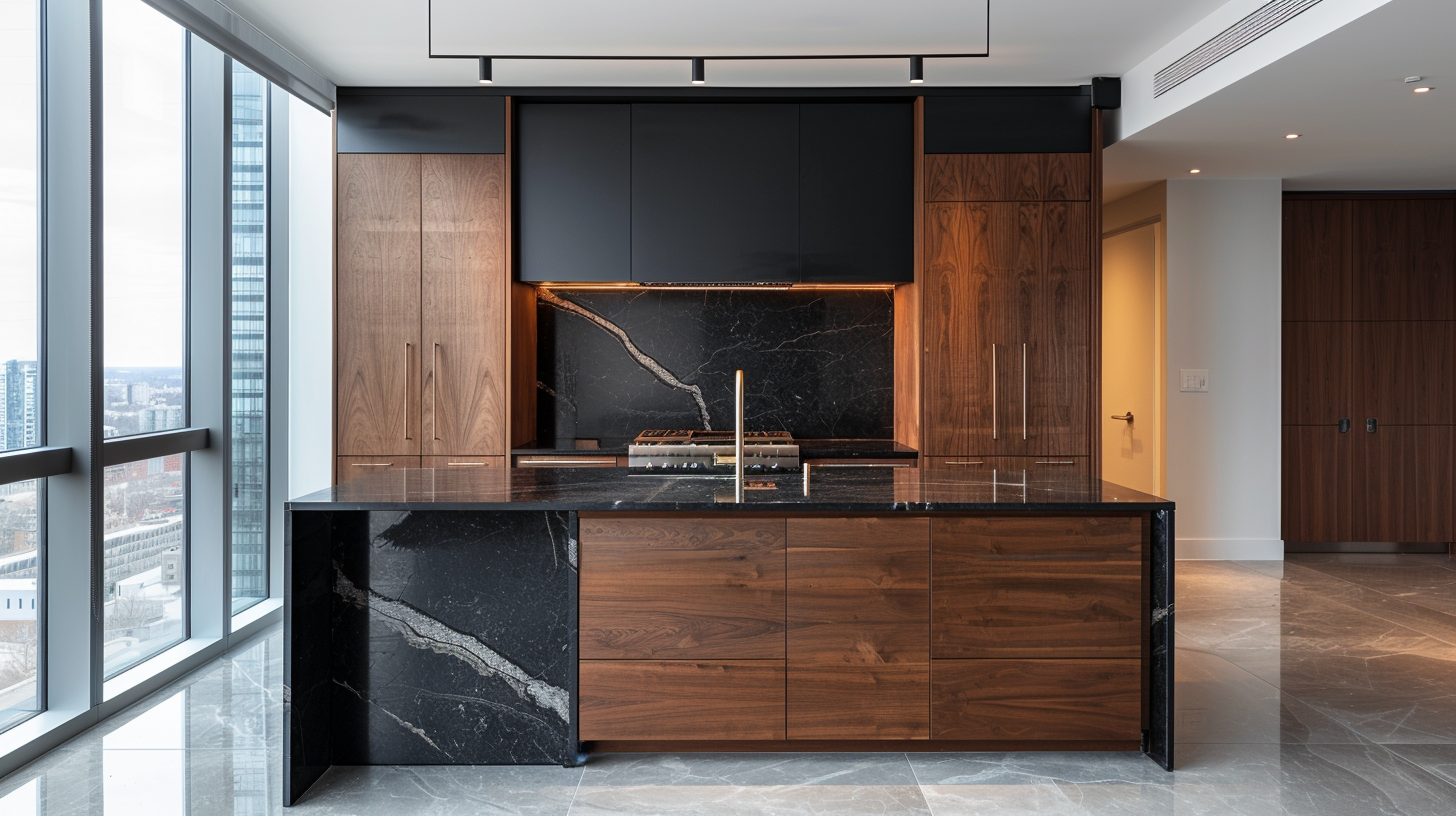 Traditional luxury white kitchen with walnut and marble island built by Levian Cabinetry