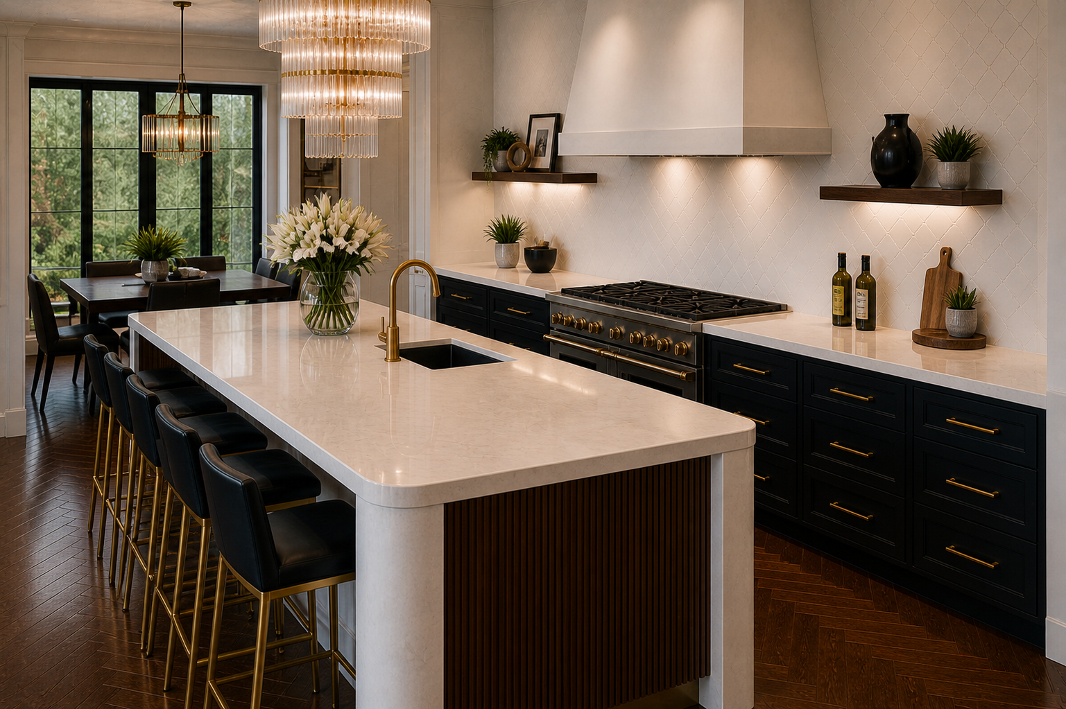 Levian Cabinetry team installing a custom white oak and marble kitchen with floor-to-ceiling windows