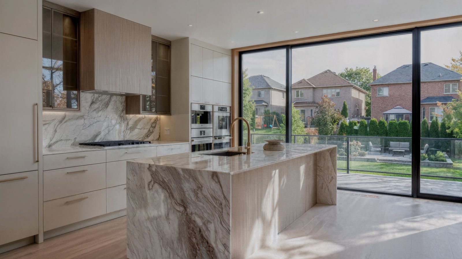 Bespoke custom kitchen cabinetry with marble waterfall island in a luxury Toronto home
