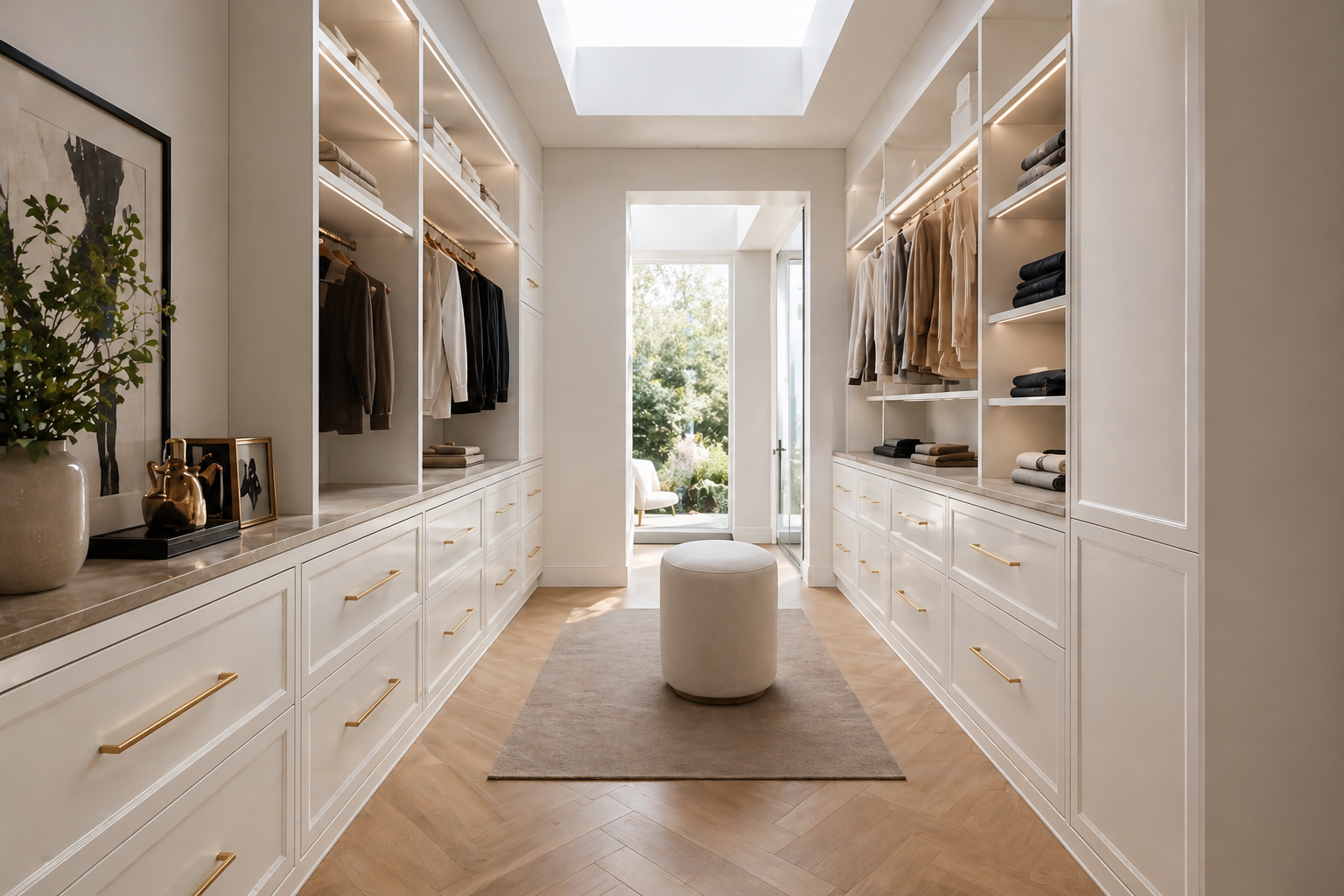 Bespoke walk-in wardrobe with custom oak millwork and integrated LED lighting in a luxury Toronto home