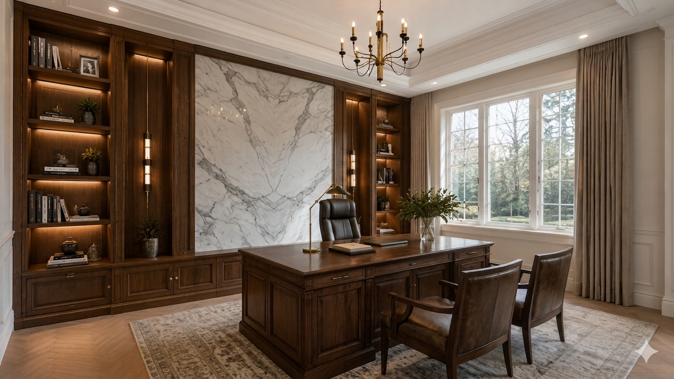 Custom home library and office millwork with floor-to-ceiling shelving in a luxury Toronto residence