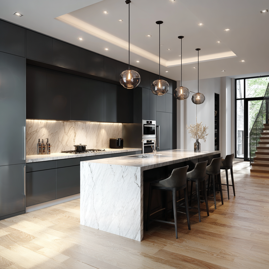 Modern matte black kitchen with marble waterfall island and cluster glass pendant lights in a luxury Toronto home renovation
