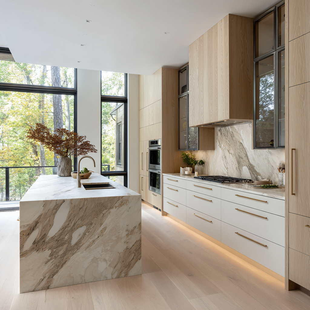 Custom floor-to-ceiling oak kitchen with arched marble cooking alcove and reeded waterfall island in a luxury Toronto penthouse