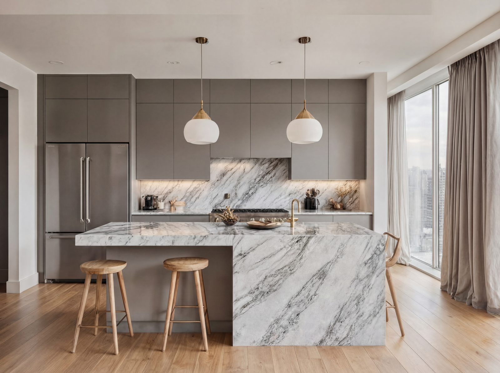 Custom two-tone kitchen with light oak uppers, cream lower cabinetry, and dramatic quartzite waterfall island in a luxury GTA home