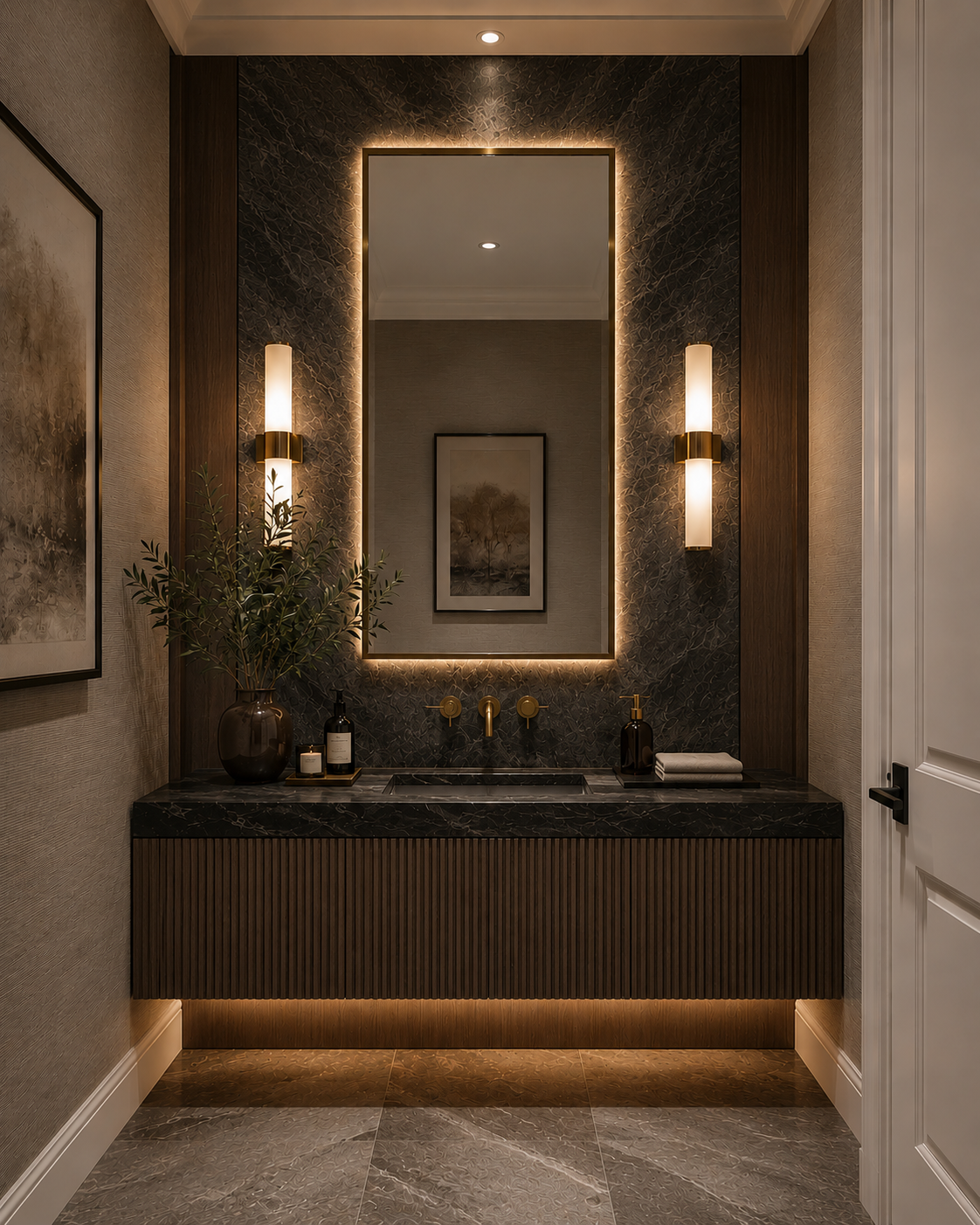 Custom oak home bar with glass-front display cabinets, marble backsplash, hanging stemware, and integrated wine fridge in a luxury Toronto home